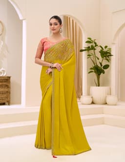 Mustard Yellow Satin Chiffon Saree for Haldi Ceremony
