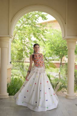 White Heart Embroidery Lehenga with Kutchi Top