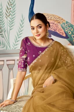 Golden Mustard Embroidered Satin Organza Silk Saree