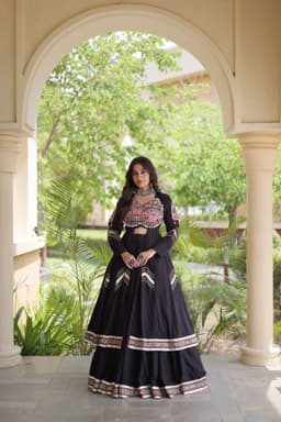 Garba Ghagra Choli | Black Kora Cotton Lehenga with Gamthi Mirror Shrug