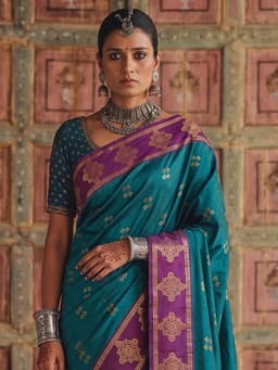 Teal Soft Silk Saree with Purple Woven Border