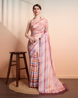 Peach Multi Check Printed Georgette Saree