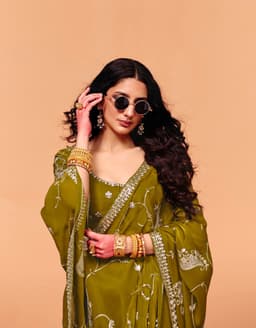 Olive Green Organza Satin Heavy Sequins Mehndi Saree
