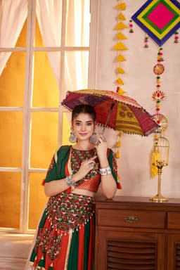 Green Orange Kutchi Patch Mirror Navratri Lehenga Choli