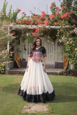 White & Black Lehenga with Multicolor Kutchi Gamthi Blouse