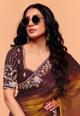 Chocolate Brown Organza Satin Heavy Sequins Wedding Saree