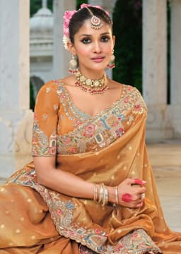 Golden Heavy Embroidery Saree for Festive Wear