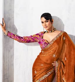 Rust Brown Designer Organza Saree for Wedding & Party Wear
