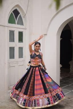 Black Kutchi Gamthi Lehenga with 5M Kali Flare for Navratri