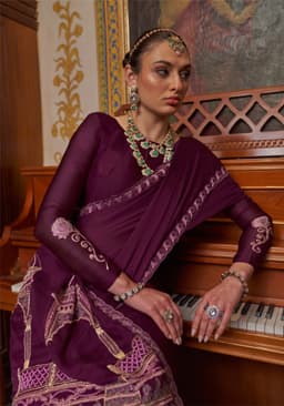 Wine Purple Satin Chiffon Saree with Mandir Design