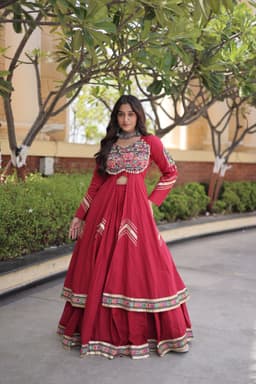 Chaniya Choli in Navratri | Maroon Kora Cotton Lehenga with Long Gamthi Shrug