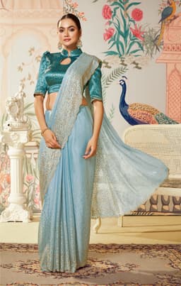 Sky Blue Swarovski Satin Silk Party Wear Saree