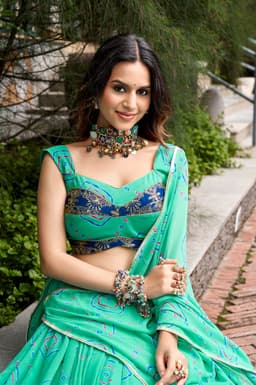 Mint Green Bandhej Lehenga for Garba & Navratri Celebrations