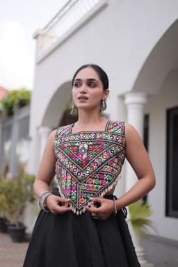 Black Cotton Lehenga with Kutchi Gamthi Blouse