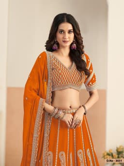 Burnt Orange Faux Georgette Heavy Embroidered Bridal Lehenga