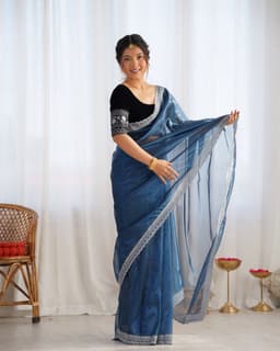 Steel Blue Designer Saree With Embellished Border