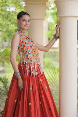 Rust Heart Embroidery Lehenga for Garba & Navratri