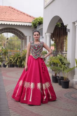 Hot Pink Gamthi Lehenga with Coconut Gota