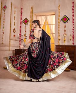Black Floral Printed Kutchi Patch Mirror Work Navratri Lehenga