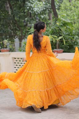 Yellow Bandhej Lehenga with Gamthi Embroidery for Navratri