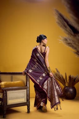 Plum Banarasi Style Saree with Gold Floral Weaving