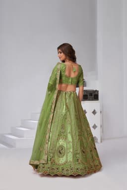 Mehndi Green Banarasi Silk Peacock Motif Wedding Lehenga