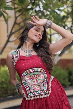 Maroon Rayon Mukesh Lehenga with Gamthi Mirror Blouse