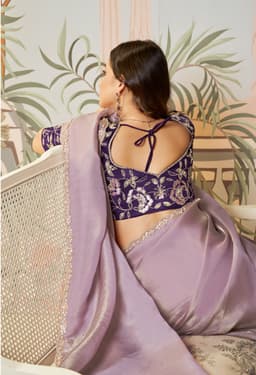 Lavender Embroidered Zari Organza Silk Party Wear Saree