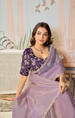 Lavender Embroidered Zari Organza Silk Party Wear Saree