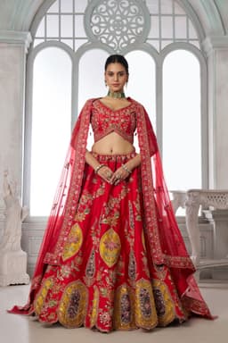 Red Silk Multicolor Patch Zari Bridal Wedding Lehenga