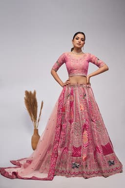 Pink Banarasi Silk Wedding Lehenga With Paisley Motifs