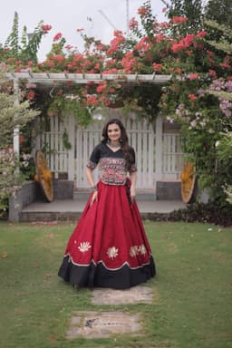 Wine Roman Silk Lehenga with Lotus Gota and Kutchi Gamthi Blouse