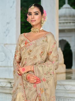 Beige Heavy Embroidered Pastel Saree for Bridal Wear