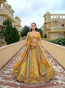 Luxury Mustard Yellow Silk Bridal Lehenga Front View