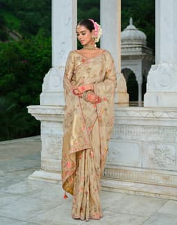 Beige Heavy Embroidered Pastel Saree for Bridal Wear