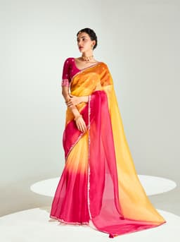 Yellow Pink Organza Tissue Silk Designer Saree for Wedding & Party