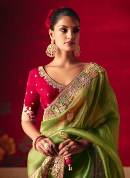 Olive Green Designer Embroidered Saree