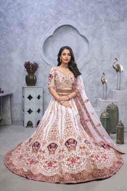 Ivory Purple Peacock Embroidered Banarasi Silk Lehenga