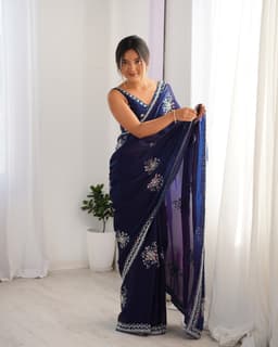 Midnight Blue Satin Embroidered Saree