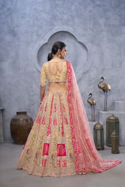 Champagne Pink Peacock Banarasi Silk Bridal Lehenga