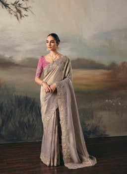 Mauve Grey Tissue Zari Handcrafted Embroidered Saree