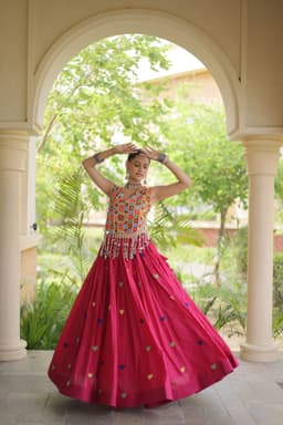 Rani Pink Heart Embroidery Lehenga for Navratri