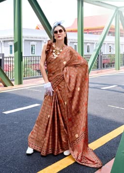 Rust Baghru Print Satin Crape Saree
