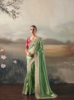 Sage Green Tissue Zari Handcrafted Embroidered Saree