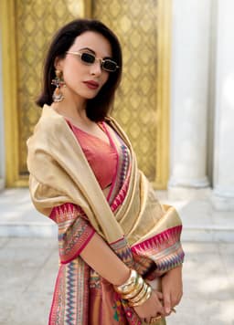 Royal Gold Tissue Silk Saree with Pink Zari Border