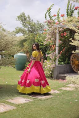 Mustard Wine Lehenga with Lotus Gota & Gamthi Top