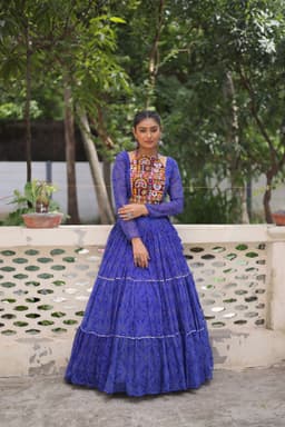 Royal Blue Bandhej Lehenga with Gamthi Blouse for Navratri