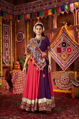 Pink Purple Viscose Cotton Navratri Lehenga Choli with Kutchi Work