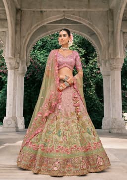 Pink Green Silk Bridal Designer Lehenga Choli