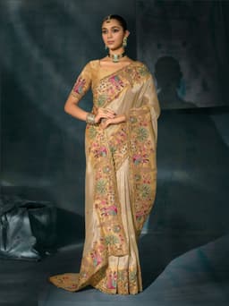 Cream Bridal Wear Ziraf Silk Designer Saree